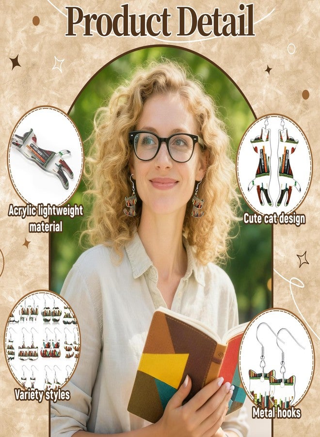 Vynium Book Earrings 12 Pairs, Book Lovers & Readers Gifts with Cat, Bookshelf, Acrylic Dangle Earrings for Librarian, Student, Christmas Women Gift, Teacher Appreciation Day Gifts - Image 2